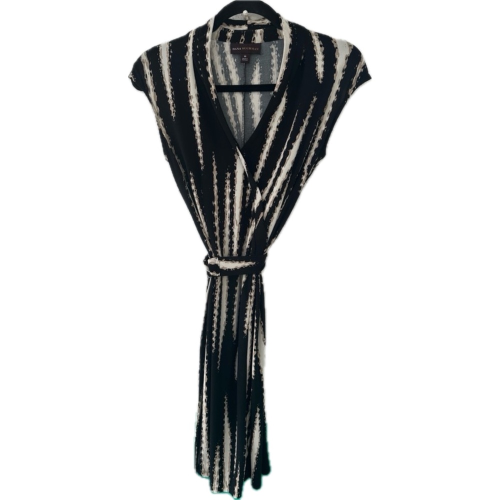 Dana Buchman Faux-Wrap Abstract Slashed/Brushstroke Midi Dress Black Cream XS